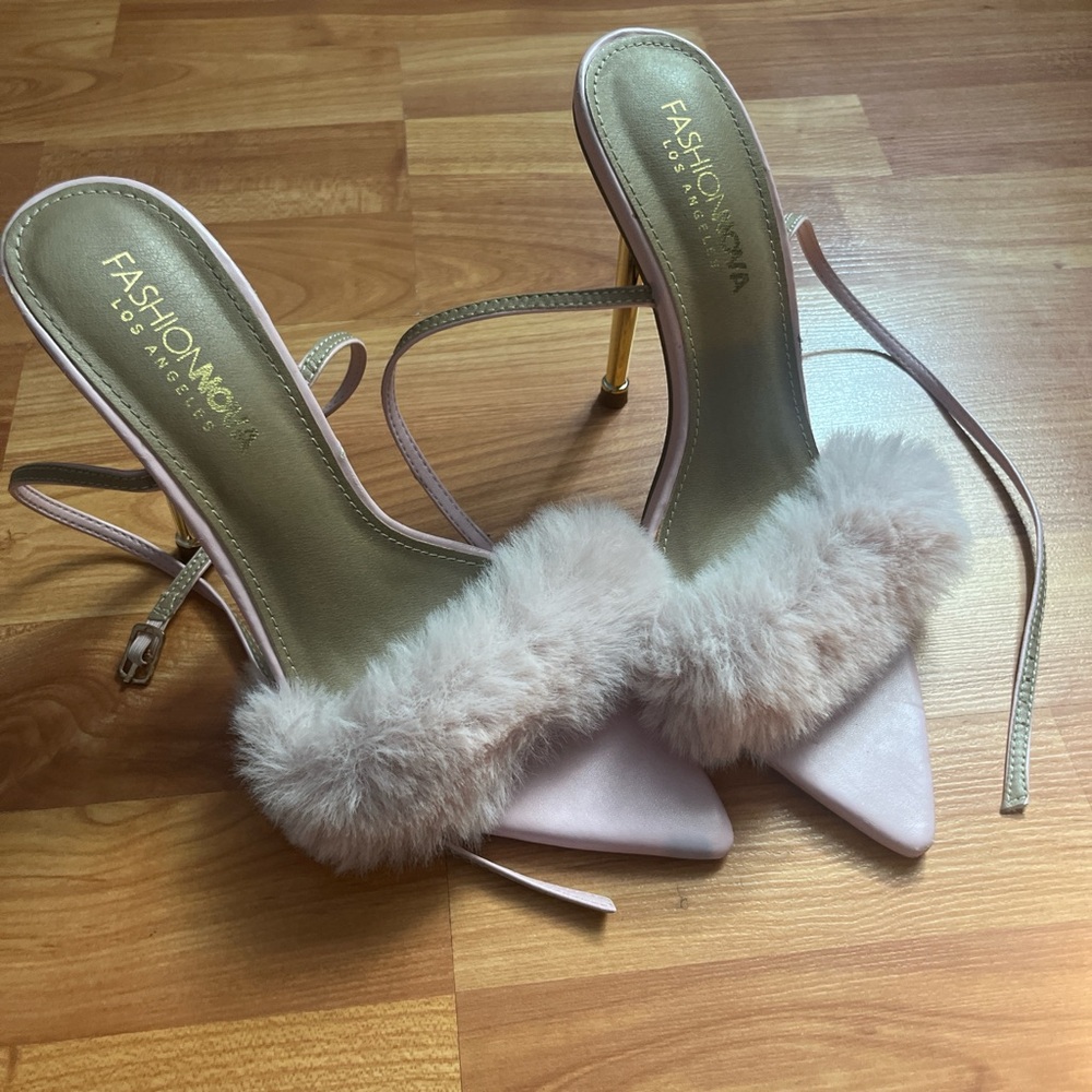 Fashion Nova Pink Fur Heeled Sandals